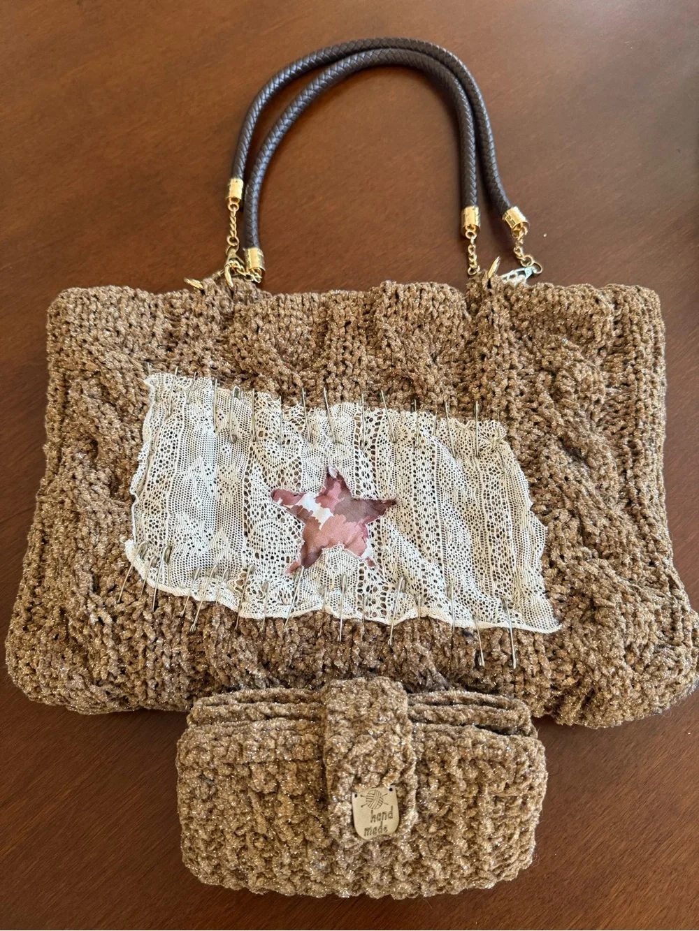 Handmade Brown Metallic Yarn Crochet Tote Bag with Lace Accent & Wallet
